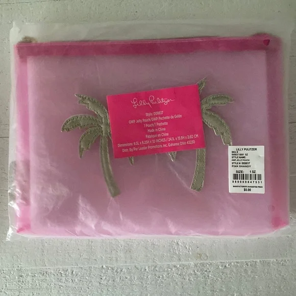 NWT Lilly Pulitzer WRISTLET Jelly PINK Travel MAKEUP BEACH BAG Pouch gold Palms - Picture 2 of 3